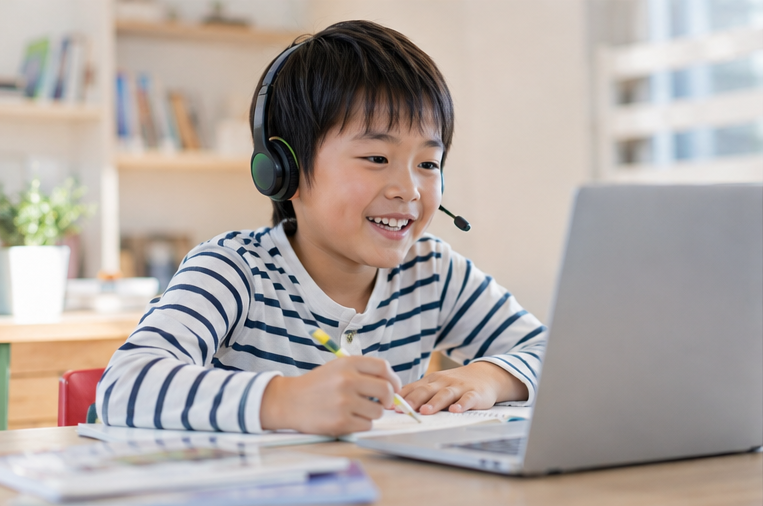 Child learning English online with a teacher