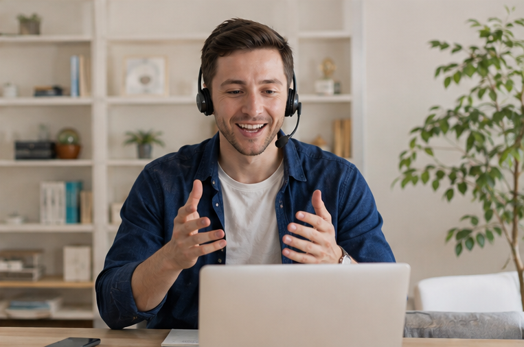English teacher explaining during an online lesson